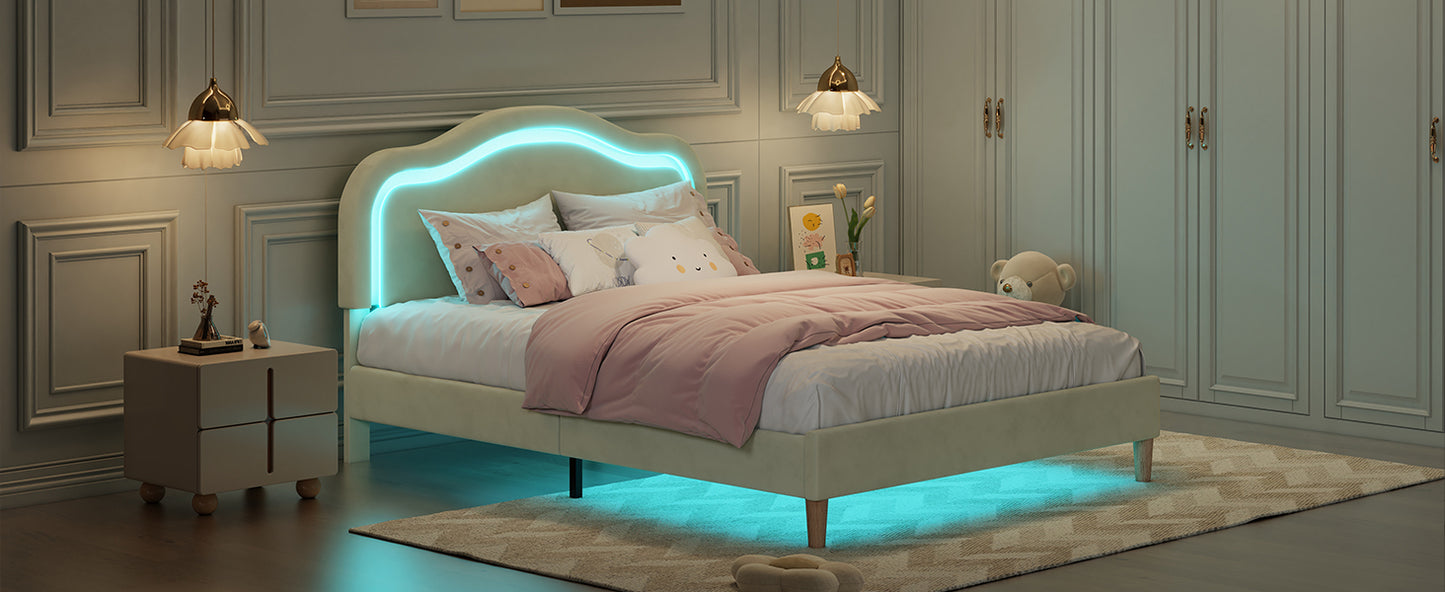 Cadre de lit double à LED intelligent, rembourré en velours, avec tête de lit réglable en hauteur, sans sommier, montage facile, beige