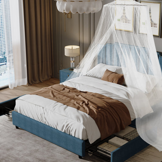 Lit plateforme rembourré Queen Size avec cadre de lit en lin et 2 tiroirs, tête de lit rembourrée cousue avec rivets, système de lattes de lit robuste, pas besoin de sommier, bleu