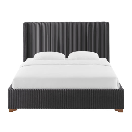 Cadre de lit Queen Size moderne rembourré avec tête de lit en velours côtelé, support à lattes en bois, sans sommier, noir