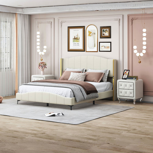Ensemble de chambre à coucher 3 pièces avec lit plateforme rembourré en cuir PU Queen Size et table de chevet élégante en PU avec 2 tiroirs, beige