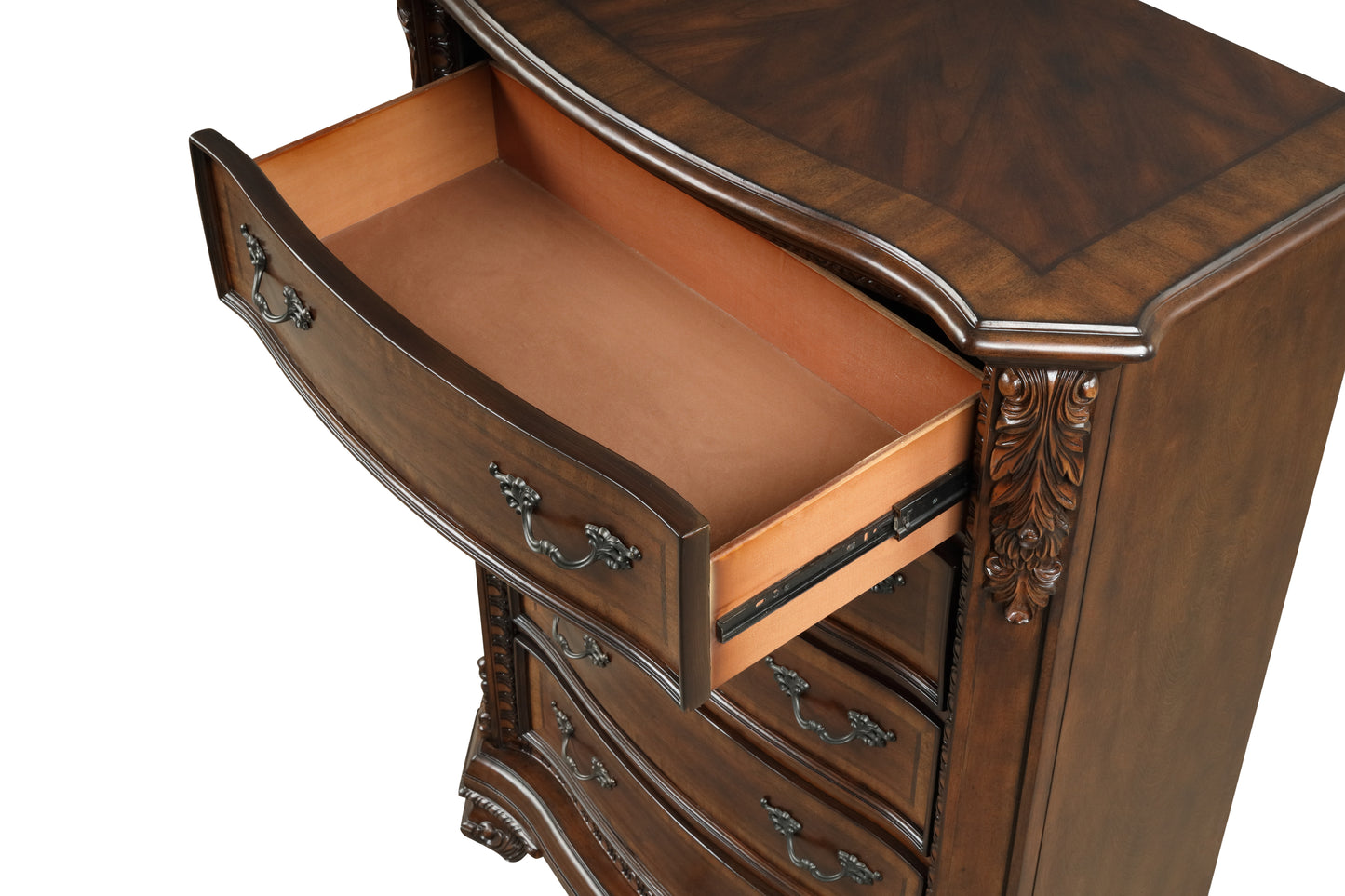 Juego de dormitorio de estilo tradicional de 5 piezas con cama tamaño queen y tallados en madera elaborados con madera de nogal