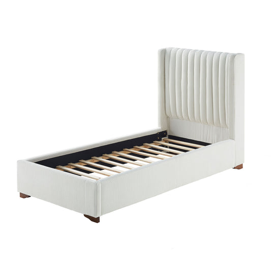 Cadre de lit double moderne rembourré, Queen Size, avec tête de lit en velours côtelé, support à lattes en bois, sans sommier, blanc