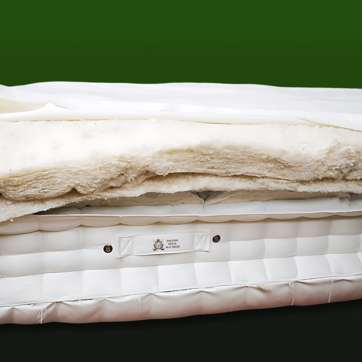 Premium English Royal Mattress 4000 with natural, organic fillers handcrafted by British masters displaying open layers.