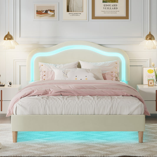 Cadre de lit double à LED intelligent, rembourré en velours, avec tête de lit réglable en hauteur, sans sommier, montage facile, beige