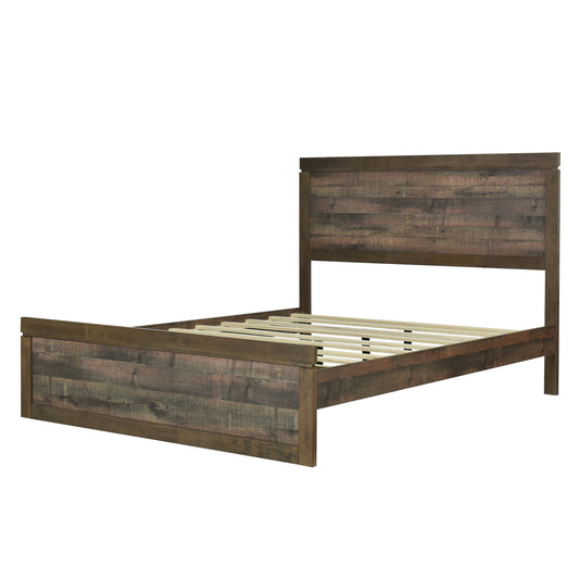 Cama de plataforma tamaño queen de estilo rústico vintage de 3 piezas con 10 listones de madera de soporte + 2 mesitas de noche, no necesita somier, color marrón rústico