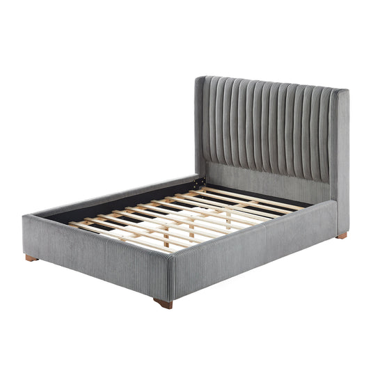Cadre de lit Queen Size moderne rembourré avec tête de lit en velours côtelé, support à lattes en bois, sans sommier, sommier tapissier, gris foncé