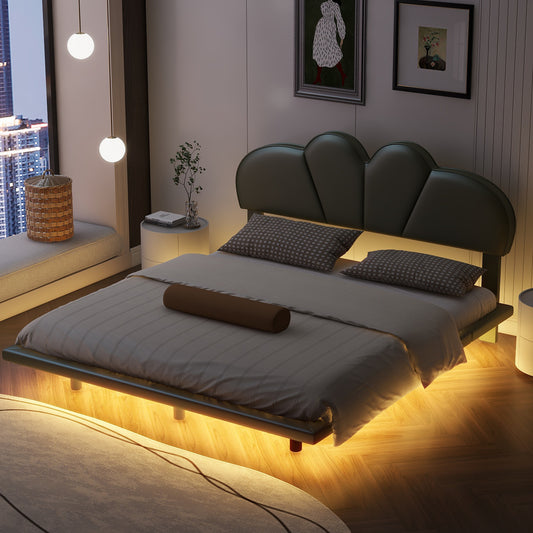 Lit flottant à LED pleine grandeur avec tête de lit et pieds de support en cuir PU, vert