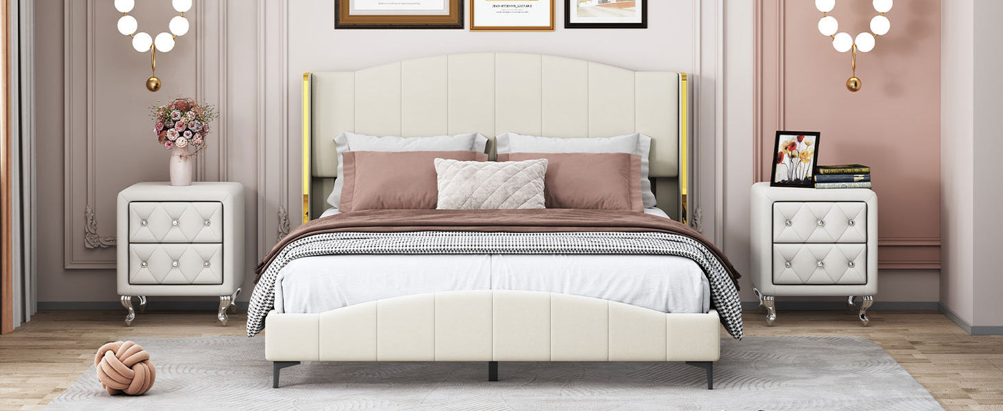 3 Pieces Bedroom Set with Queen Size PU Leather Upholstered Platform Bed and Elegant PU Nightstand with 2 Drawers , Beige