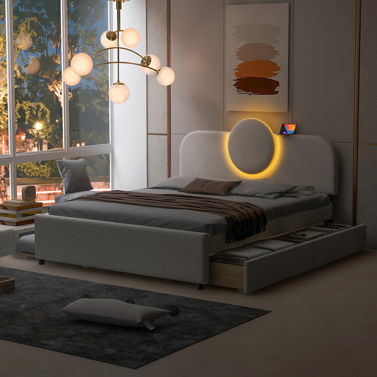 Lit plateforme rembourré Queen Size avec tête de lit multifonctionnelle, lit gigogne et 2 tiroirs, blanc