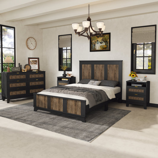 Juego de dormitorio de 4 piezas, cama de plataforma estilo granja de tamaño completo con decoración de tiras de madera, mesita de noche con espacio de almacenamiento y tocador con tirador de metal, color negro
