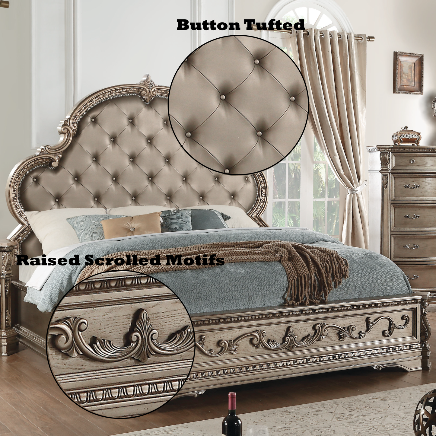 Lit king size ACME Northville Eastern en PU et argent antique 26927EK