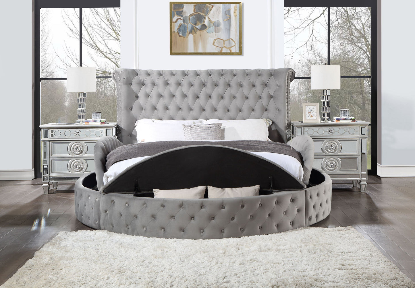 Lit king size ACME Gaiva Eastern avec rangement, velours gris BD00966EK
