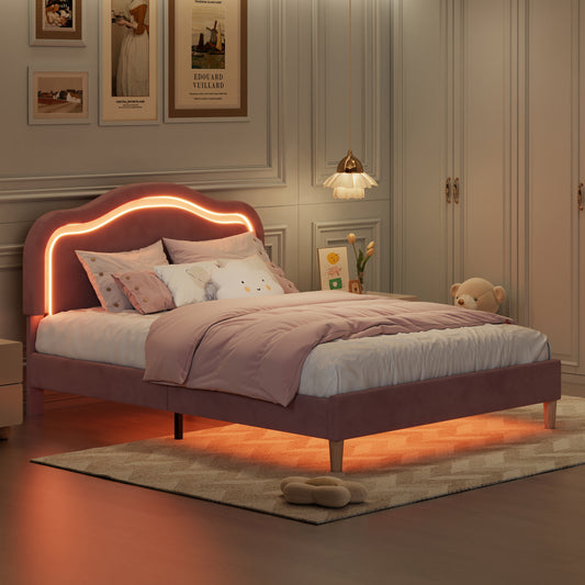 Cadre de lit double à LED intelligent, rembourré en velours, avec tête de lit réglable en hauteur, sans sommier, montage facile, rose