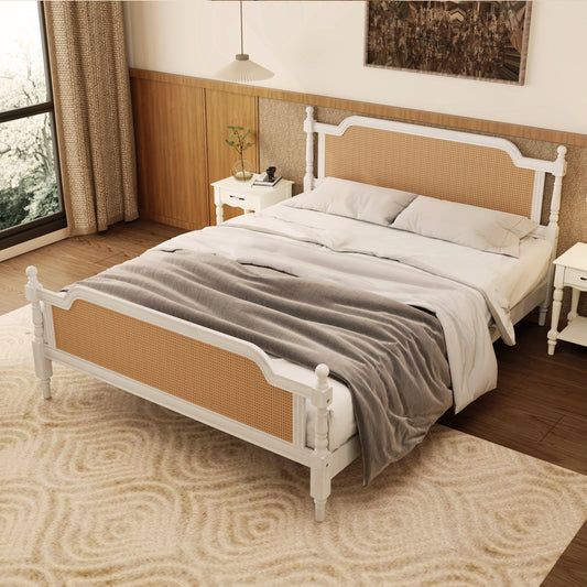 Cadre de lit king size en rotin de style traditionnel, sans sommier, blanc antique