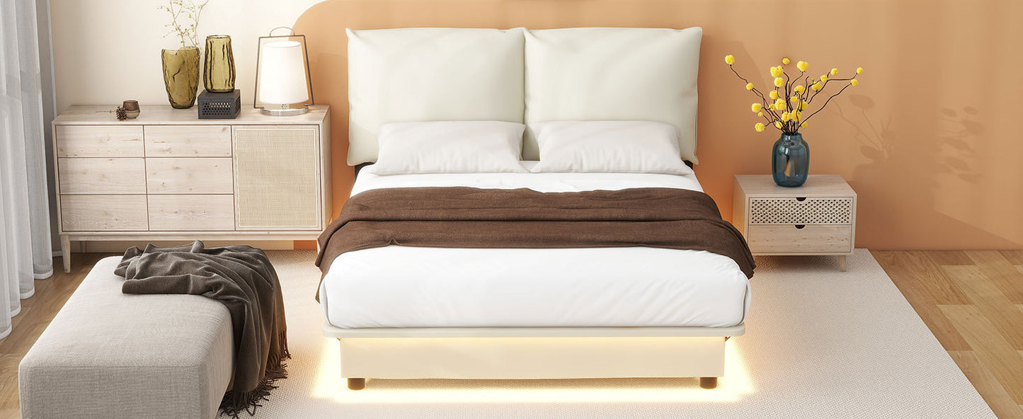 Cama de plataforma tapizada tamaño completo con sensor de luz y respaldos de diseño ergonómico, color blanco