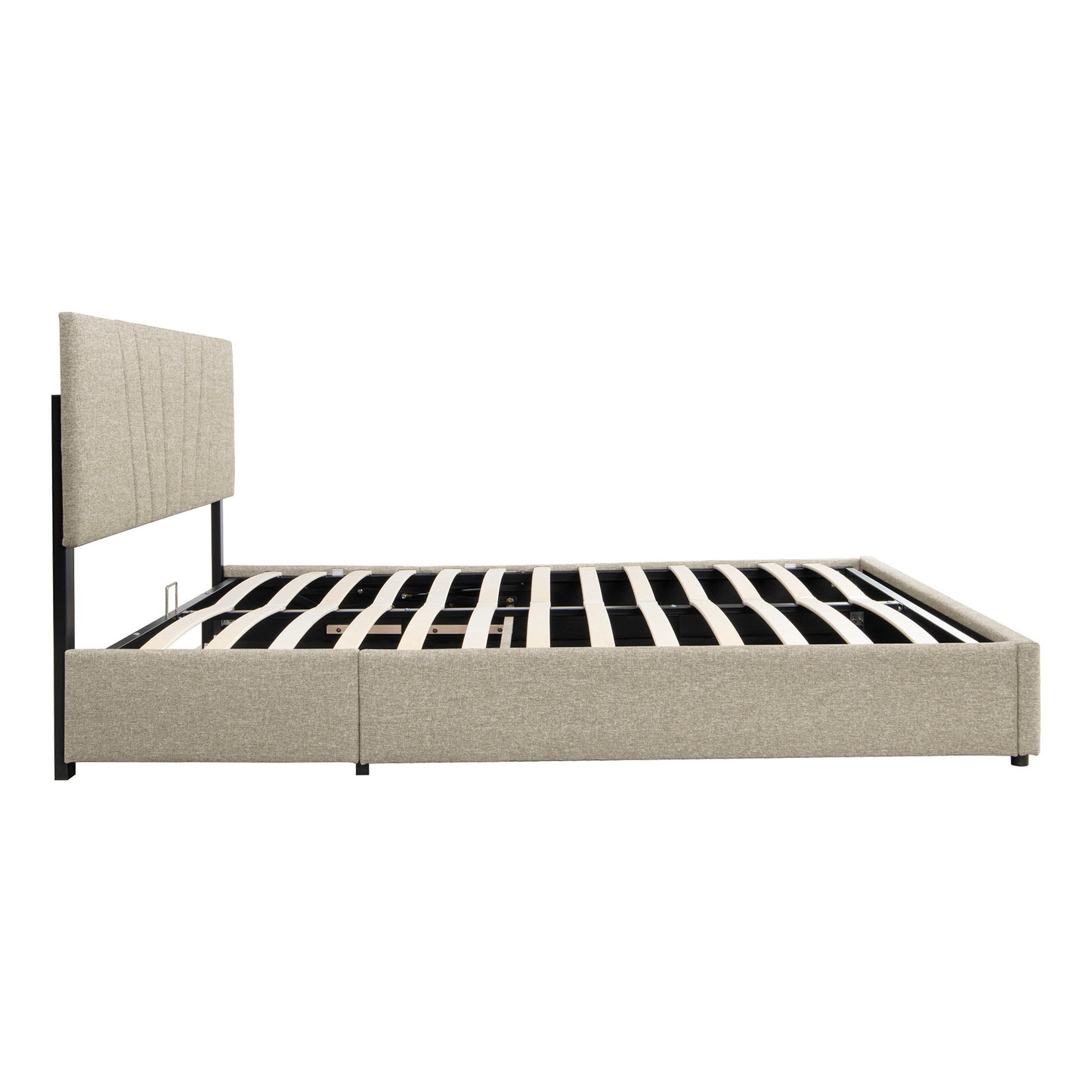 Lit plateforme Queen rembourré avec rangement relevable, cadre de lit Queen Size avec rangement et tête de lit capitonnée, lit plateforme Queen en bois pour enfants, adolescents et adultes, sans sommier (Queen, beige)