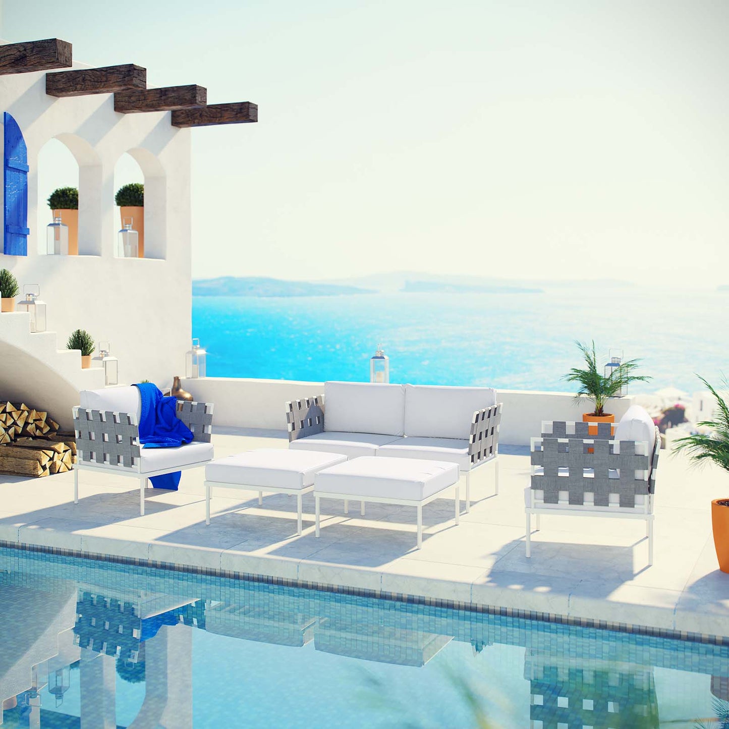 Conjunto de sofás modulares de aluminio para exteriores Harmony de 5 piezas de Modway