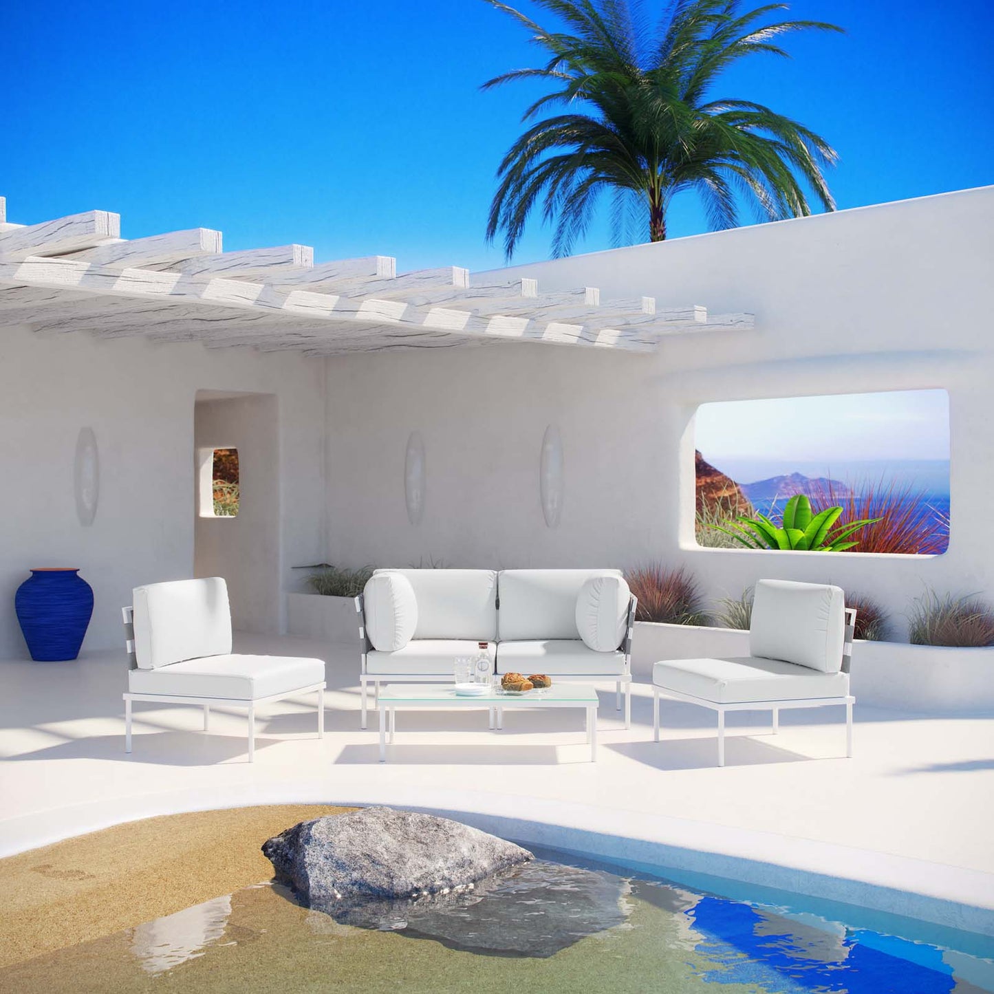 Conjunto de sofás modulares de aluminio para exteriores Harmony de 5 piezas de Modway