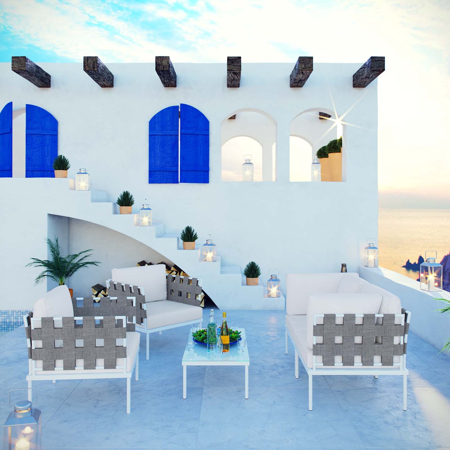 Conjunto de sofás modulares de aluminio para exteriores Harmony de 5 piezas de Modway