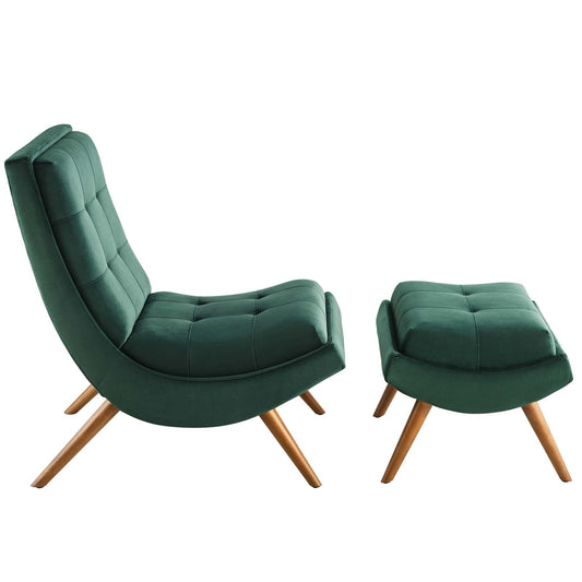 Ensemble fauteuil et pouf rembourrés en velours haute performance Ramp