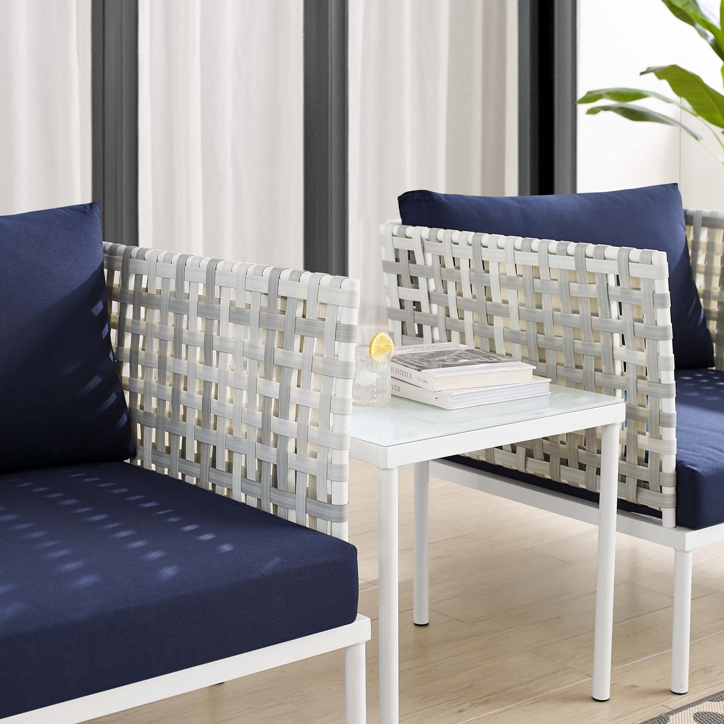 Conjunto de asientos para patio exterior de aluminio de 3 piezas Sunbrella® con tejido tipo canasta Harmony de Modway