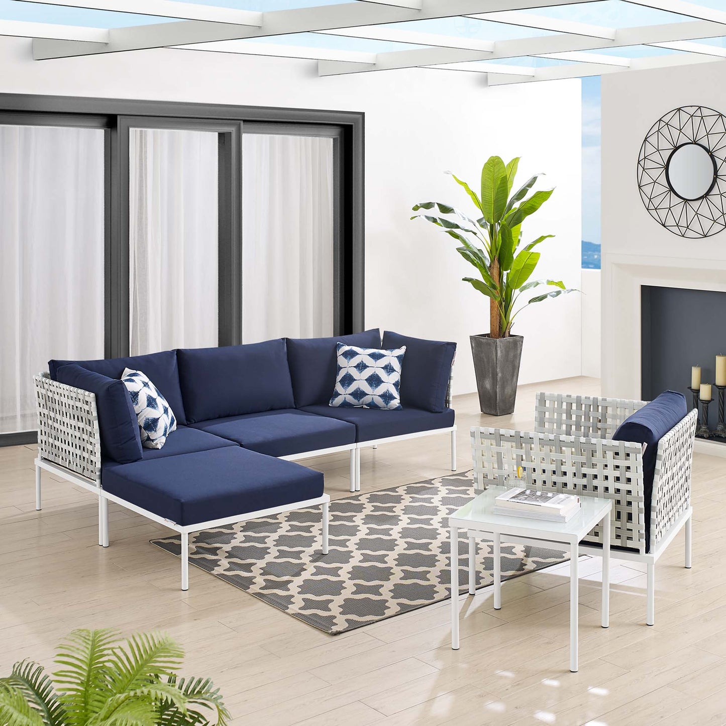 Conjunto de asientos para patio exterior de aluminio de 6 piezas Sunbrella® con tejido tipo canasta Harmony de Modway