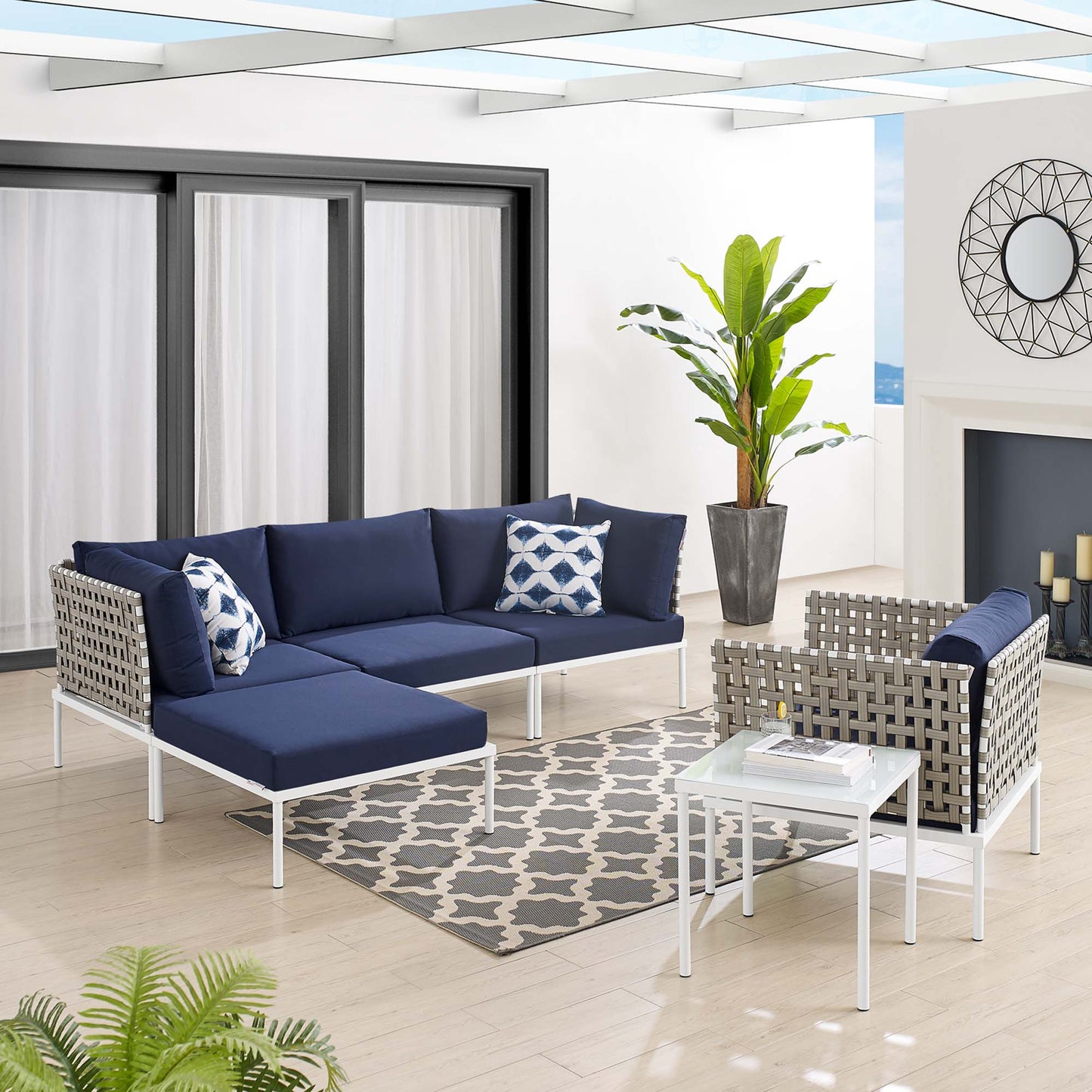 Conjunto de asientos para patio exterior de aluminio de 6 piezas Sunbrella® con tejido tipo canasta Harmony de Modway