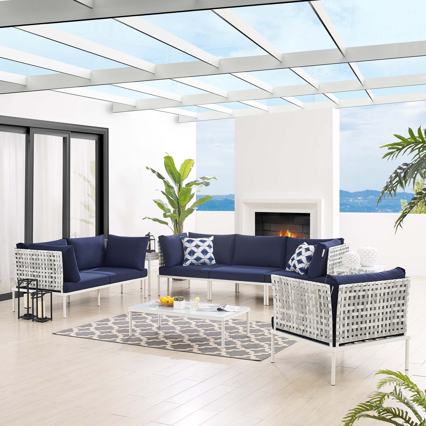 Conjunto de asientos para patio exterior de aluminio de 8 piezas Sunbrella® con tejido tipo canasta Harmony de Modway