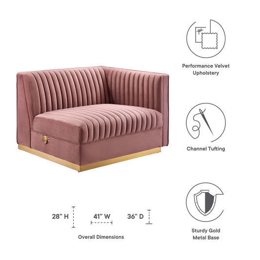 Sofá modular seccional de terciopelo con mechones de canal Sanguine, sillón con brazo derecho de Modway