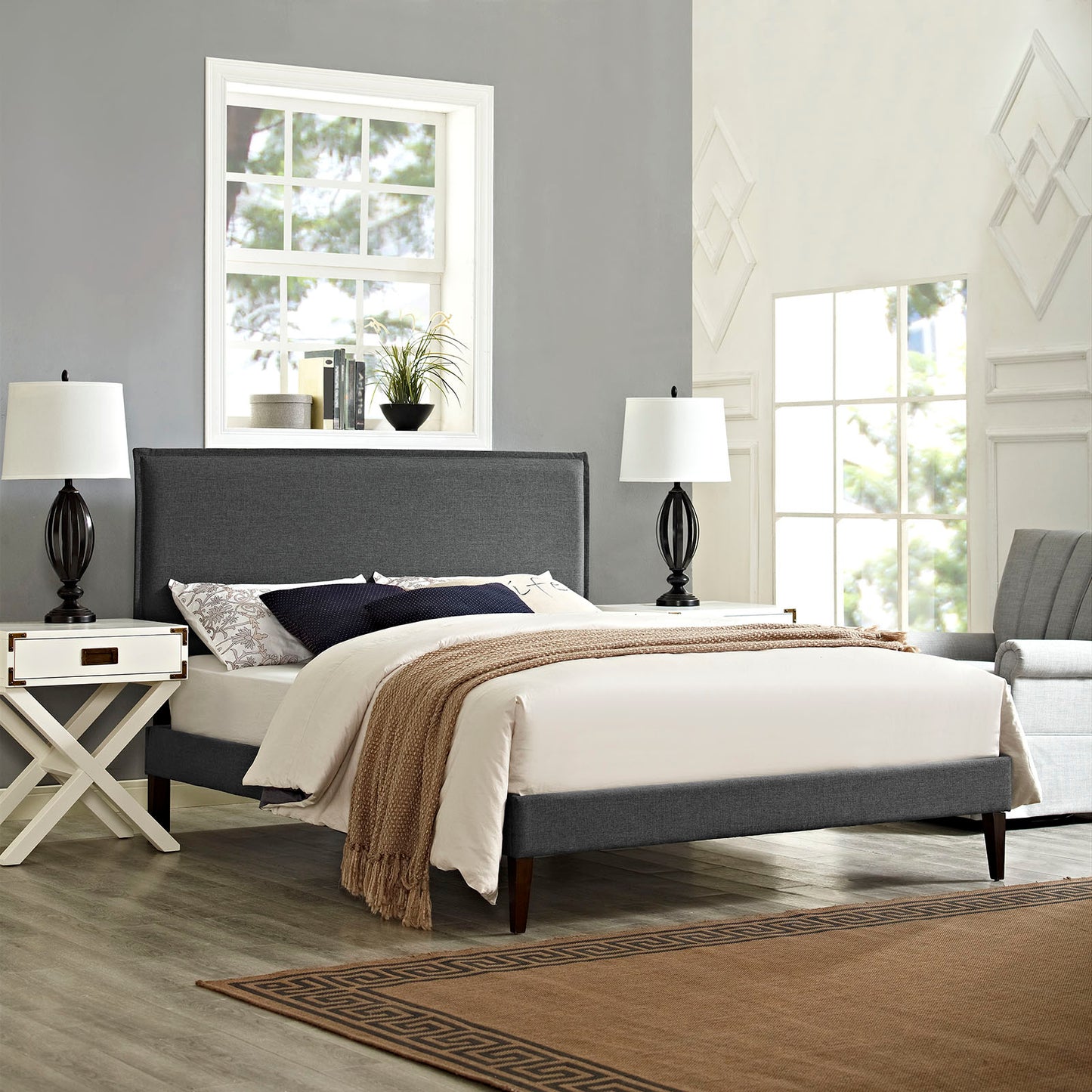 Camille Fabric Queen Platform Bed with Squared Tapered Legs