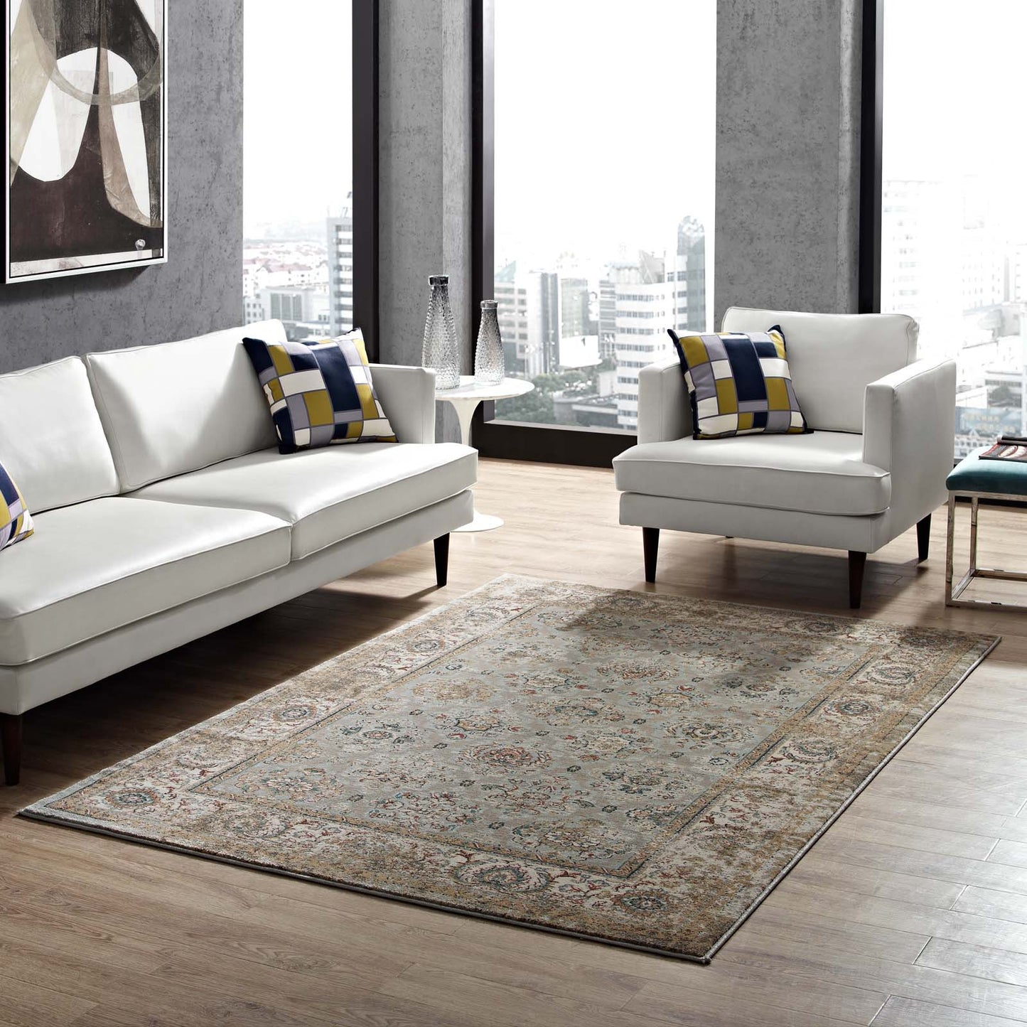 Tapis Hisa à motif floral vintage vieilli 5 x 8