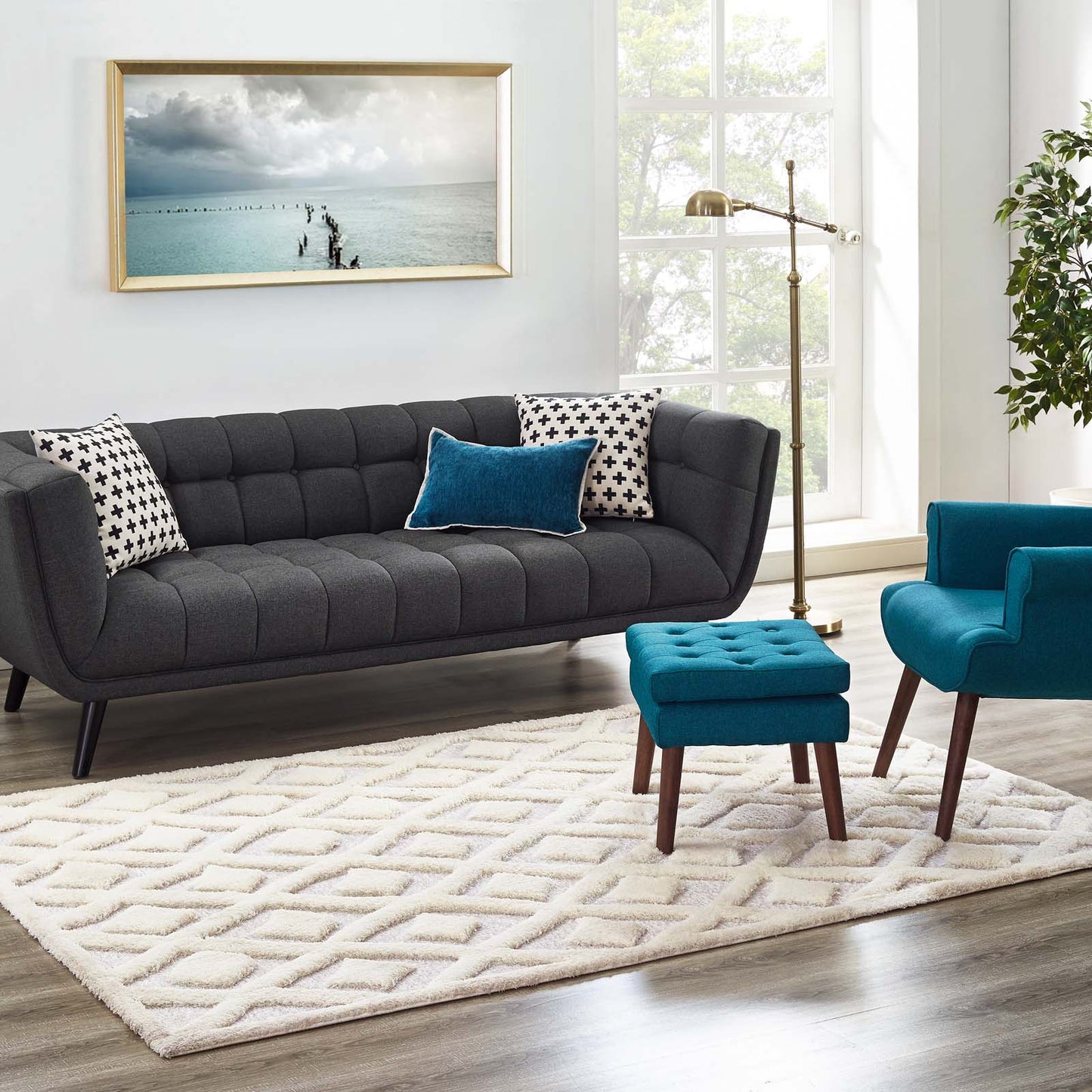 Tapis à poils longs abstrait en treillis de losanges Whimsical Morsel 5x8