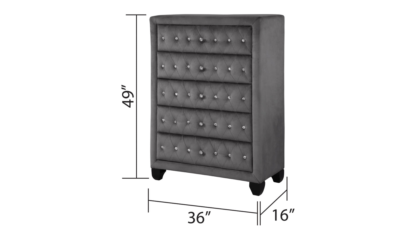 Ensemble de chambre à coucher King 5 pièces de style moderne avec lit capitonné en cristal Fabriqué en bois en gris