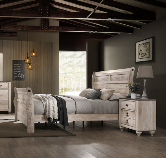 Imerland Contemporary White Wash Finish 3-Piece Bedroom Set-Sleigh Bed and Two Nightstands, Queen Size