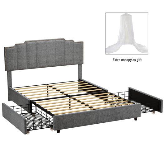 Lit plateforme rembourré Queen Size avec cadre de lit en lin et 2 tiroirs, tête de lit rembourrée cousue avec rivets, système de lattes de lit robuste, pas besoin de sommier tapissier, gris