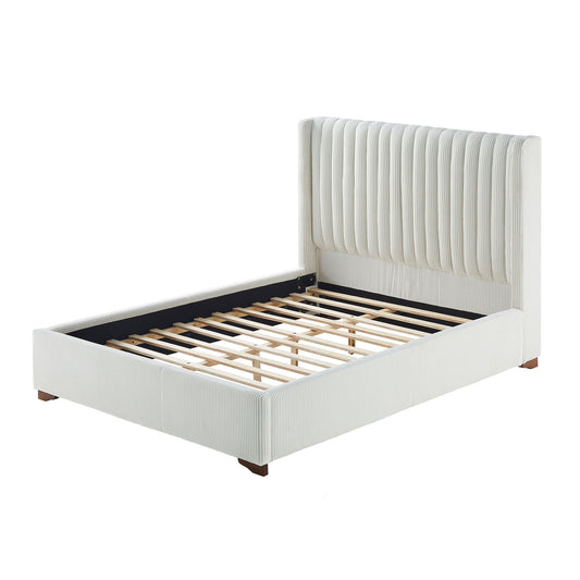 Cadre de lit Queen Size moderne, rembourré, avec tête de lit en velours côtelé, support à lattes en bois, sans sommier, sommier tapissier, blanc