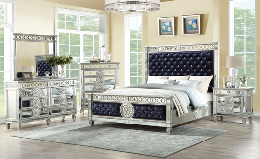 ACME Varian Dark Navy Velvet & Mirrored Queen Bed 27350Q