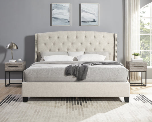 Ensemble de chambre à coucher rembourré 3 pièces Astral, lit capitonné à oreilles avec deux tables de nuit grises