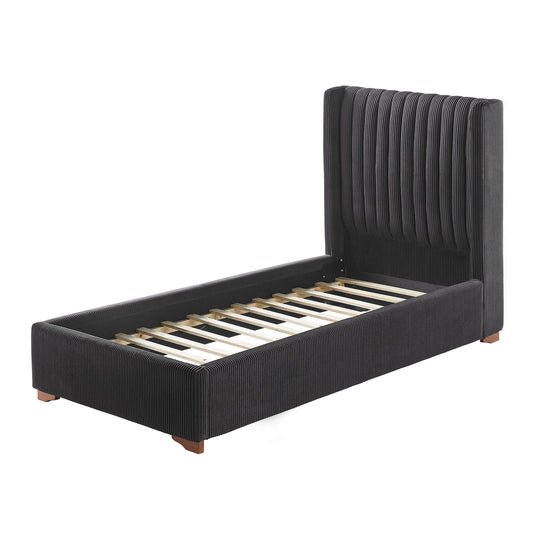 Cadre de lit double moderne rembourré, Queen Size, avec tête de lit en velours côtelé, support à lattes en bois, sans sommier, noir