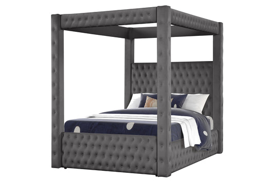 luxurious Four-Poster Full 5 Pc Bed Made with Wood in Gray