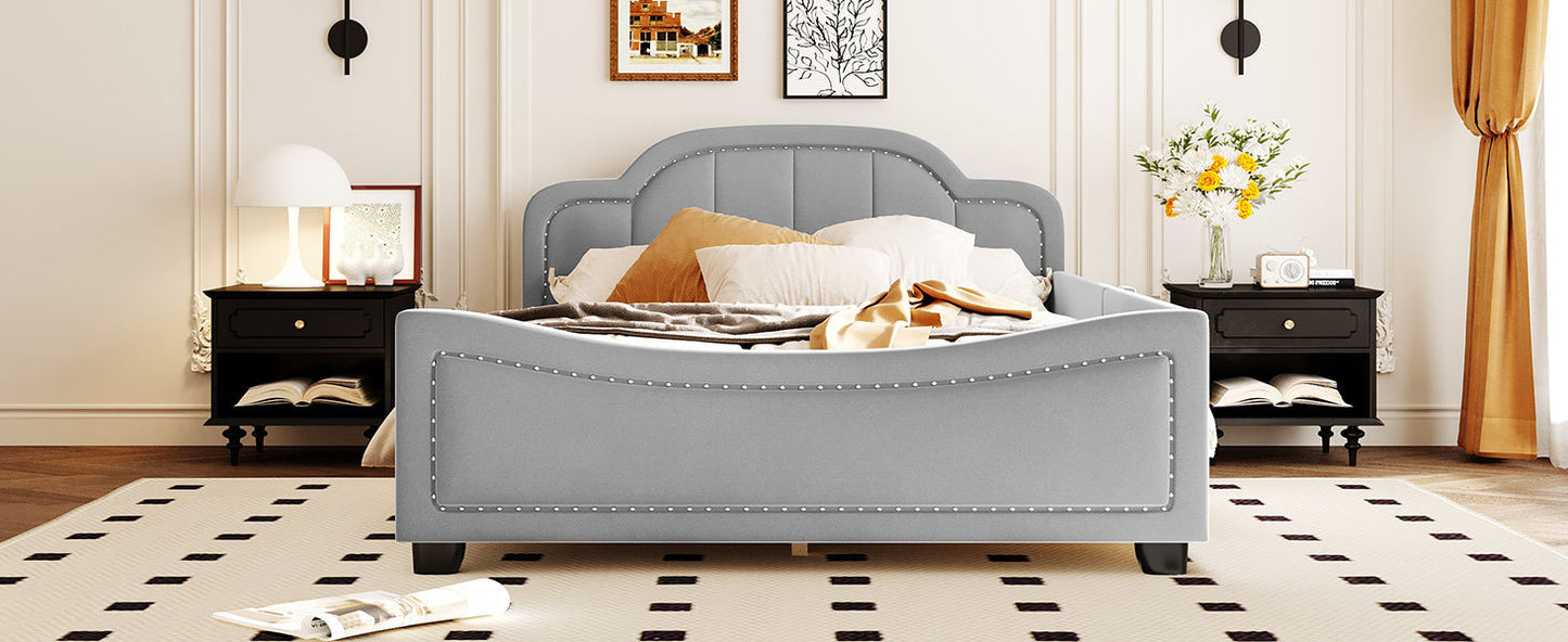 Full Size Upholstered Daybed with Cloud Shaped Headboard, Embedded Elegant Copper Nail Design, Gray