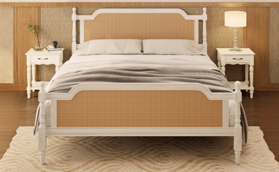 Cadre de lit king size en rotin de style traditionnel, sans sommier, blanc antique