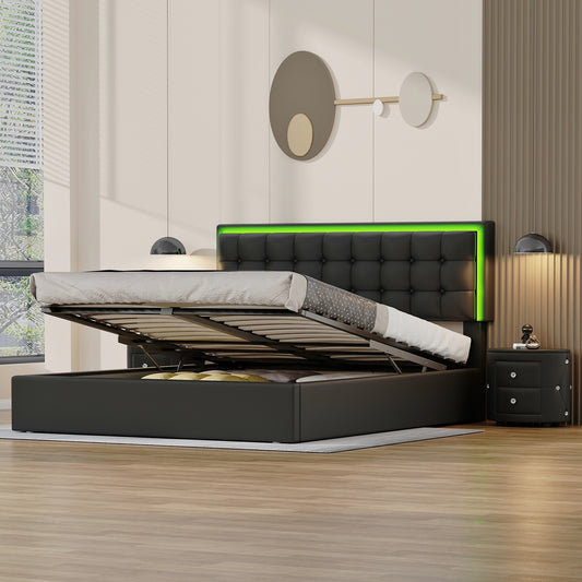 Juego de dormitorio de 3 piezas, cama tamaño queen tapizada con luces LED, sistema de almacenamiento hidráulico, dos mesitas de noche con decoración de cristal, color negro