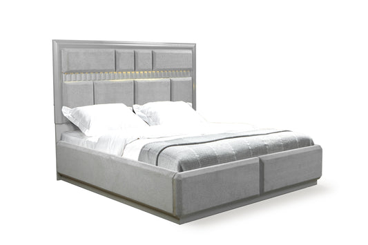 Juego de dormitorio de estilo moderno de 4 piezas con cama tamaño queen, fabricado con madera en color gris