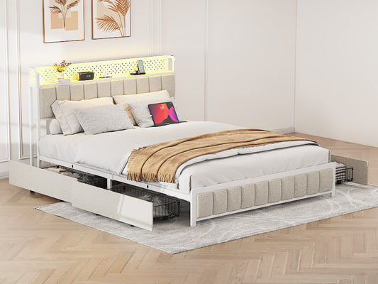 Lit plateforme Queen Size avec 4 tiroirs, cadre de lit en métal avec lumières LED et station de charge, pas besoin de sommier (beige), sans bruit, assemblage facile.