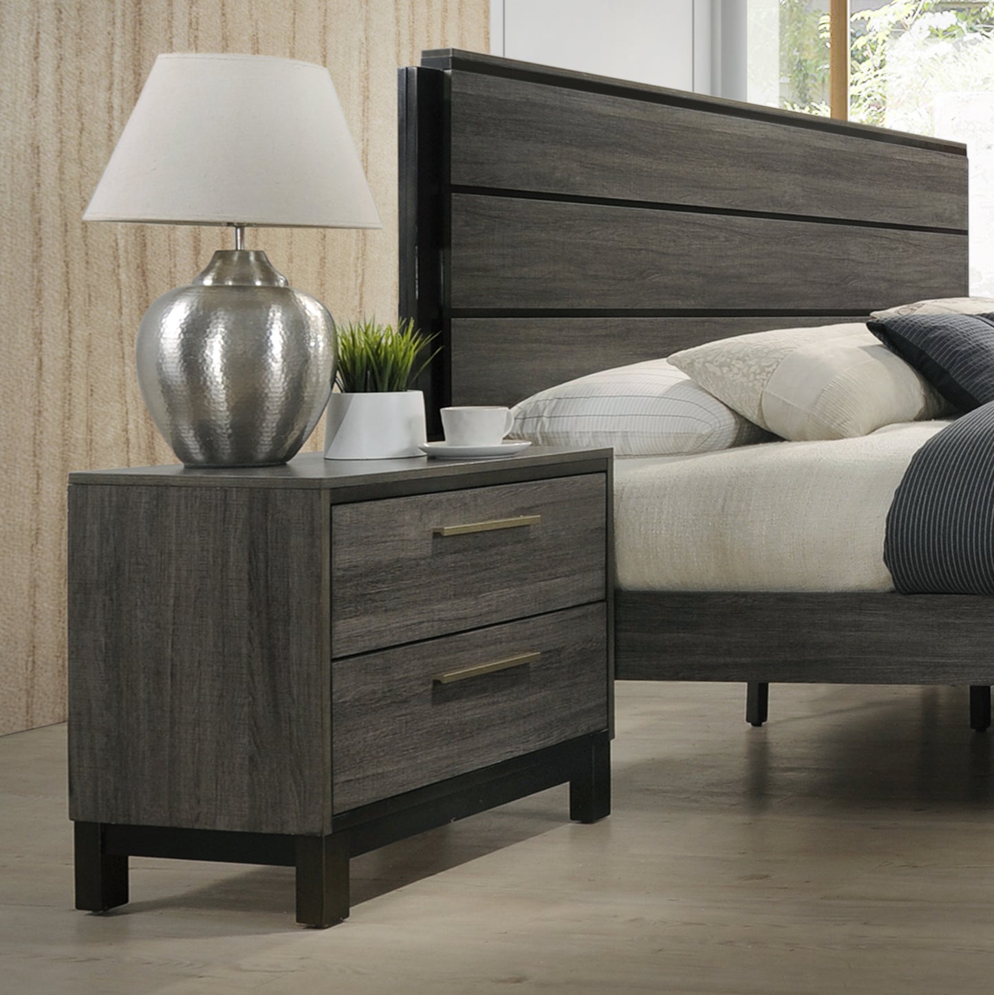 Ioana Antique Grey Finish 3-Piece Wood Bed Room Set, Queen Size Bed and Two Nightstands