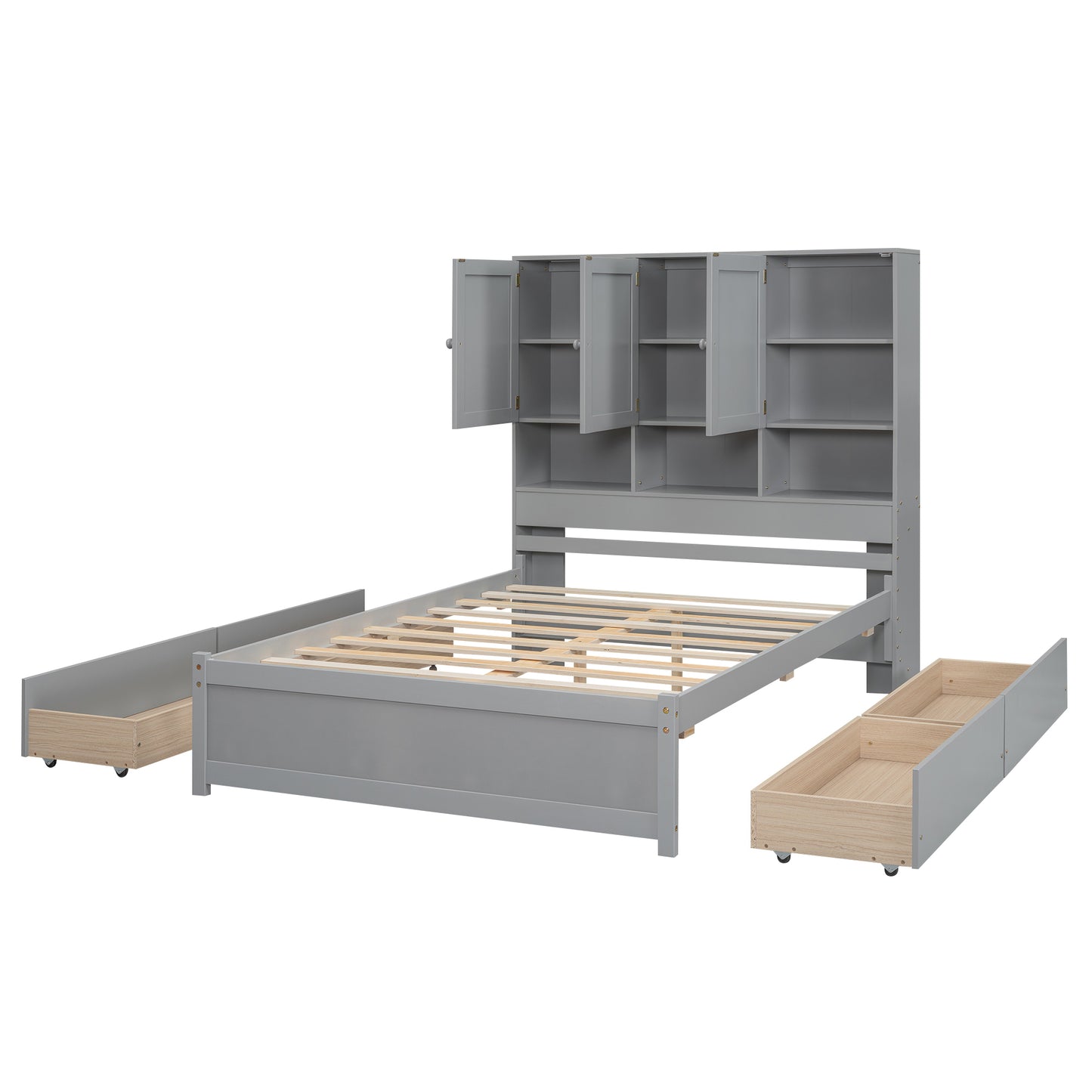 Full Size Platform Bed with Storage Headboard and 4 Drawers, Gray