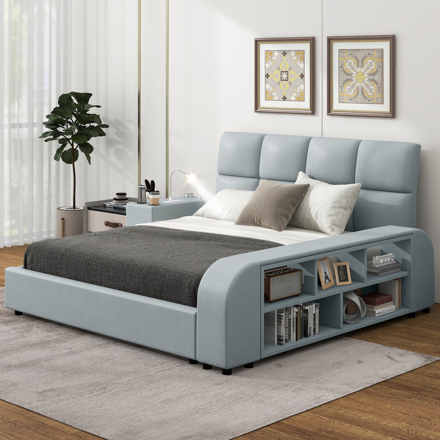 Queen Size Upholstered Platform Bed with Multimedia Nightstand and Storage Shelves, Gray