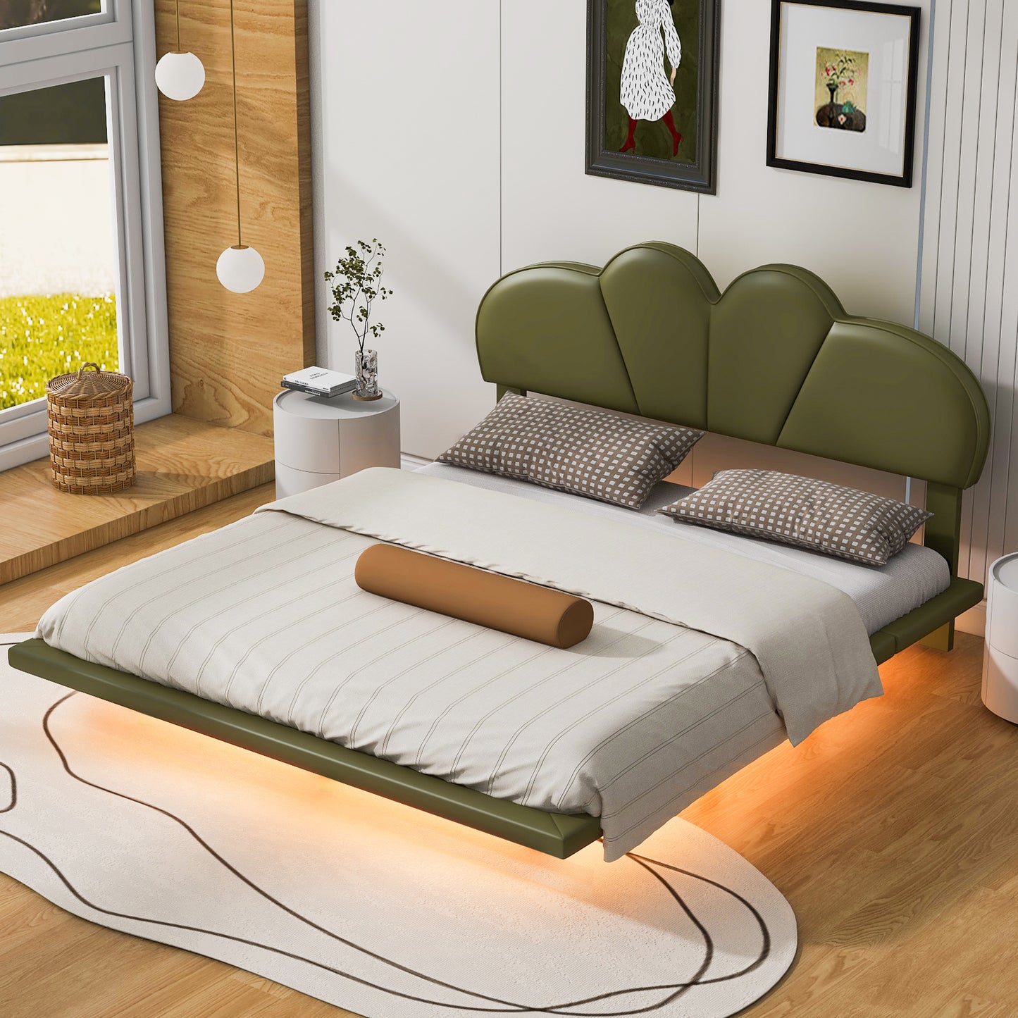 Full Size Upholstery LED Floating Bed with PU Leather Headboard and Support Legs,Green