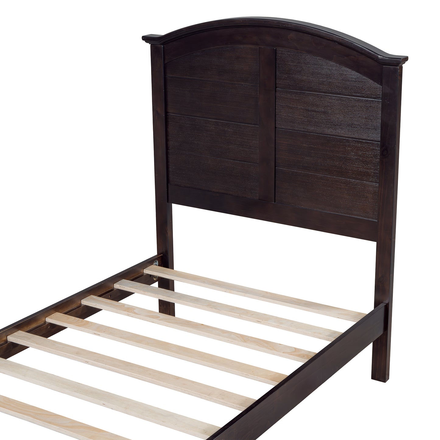 Farmhouse Wooden Platform Twin Size Bed with Curl Design Headboard and Footboard for Teenager, Espresso